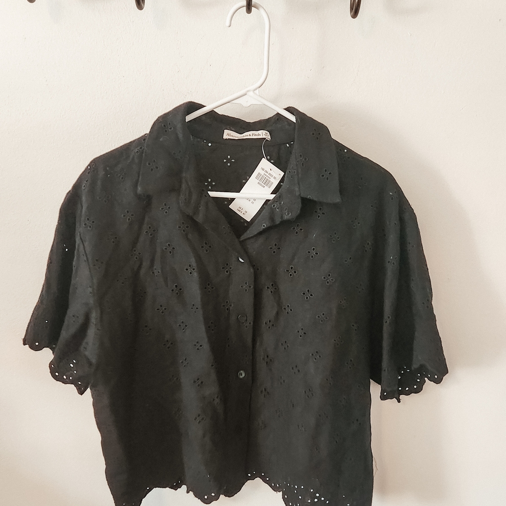 Black Eyelet Button-Up Women's Top